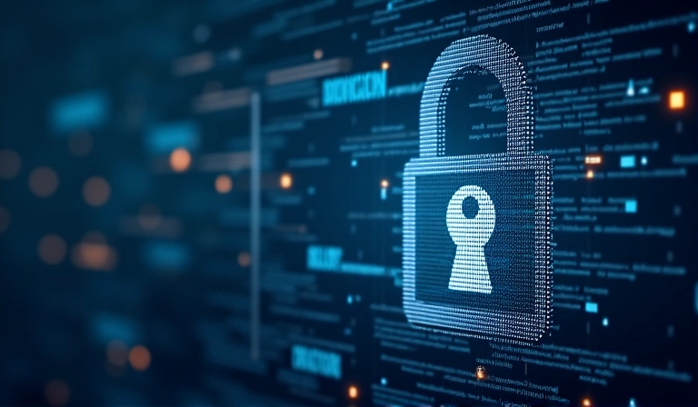 Εικόνα που απεικονίζει την προστασία δεδομένων, με ένα κλειδί και ένα λουκέτο σε ψηφιακό περιβάλλον.