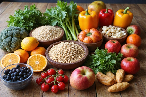 Ποικιλία υγιεινών τροφίμων, όπως φρούτα, λαχανικά και δημητριακά, διατεταγμένα σε ένα τραπέζι